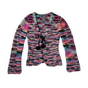 90s Vintage Rainbow Cardigan Chunky Tie Michele Bohbot Bisou Wool Blend Pompom.